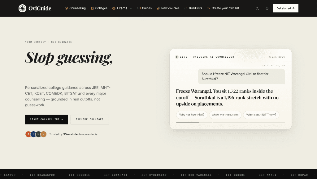 OviGuide college counseling chatbot landing page layout