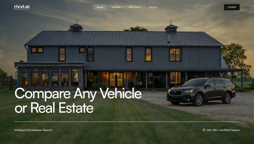 rivvl.ai comparison landing page showcasing a house and vehicle mockup