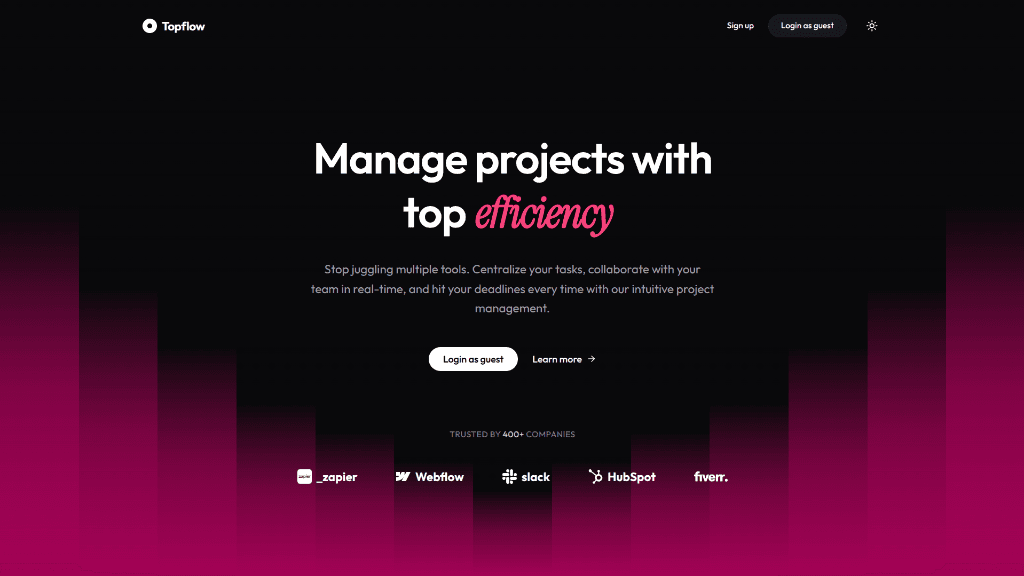 Topflow project management tool landing page dashboard mockup